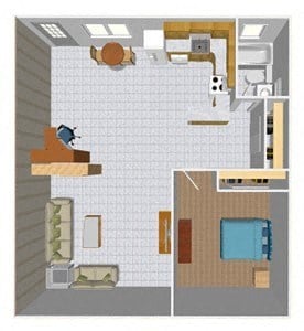 Floor plan for 1 bed, 1 bath, 870 sqft